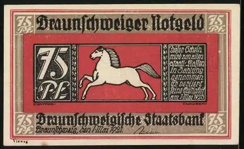 Notgeld Braunschweig 1921, 75 Pfennig, Historische Stadtszene und Pferdemotiv