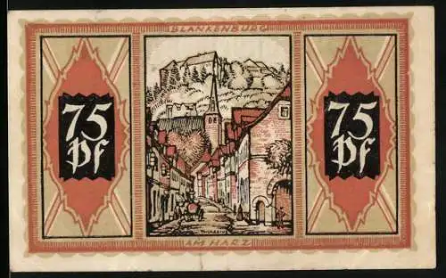 Notgeld Braunschweig 1921, 75 Pf, Blankenburg am Harz, Stadtansicht und Braunschweigische Staatsbank