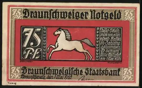 Notgeld Braunschweig 1921, 75 Pf, Blankenburg am Harz, Stadtansicht und Braunschweigische Staatsbank