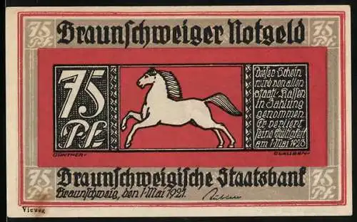 Notgeld Braunschweig 1921, 75 Pfennig, Darstellung eines Pferdes und Szene mit Frau und Narr