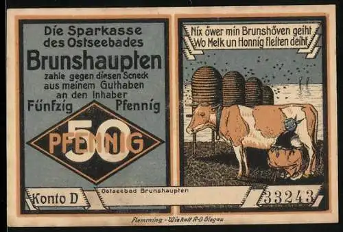 Notgeld Brunshaupten, 1921, 50 Pfennig, Die Sparkasse des Ostseebades Brunshaupten, Bauerngehöft und Kuh mit Melkerin