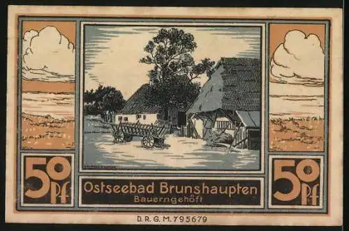 Notgeld Brunshaupten, 1921, 50 Pfennig, Die Sparkasse des Ostseebades Brunshaupten, Bauerngehöft und Kuh mit Melkerin