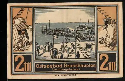 Notgeld Brunshaupten, 2 Mark, Ostseebad Brunshaupten Landungsbrücke und Kuh mit Imker