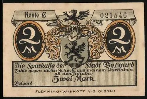 Notgeld Belgard, 1921, Zwei Mark, Sparkasse Belgard mit Wappen und St. Marien-Kirche Abbildung