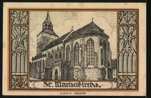 Notgeld Belgard, 1921, Zwei Mark, Sparkasse Belgard mit Wappen und St. Marien-Kirche Abbildung