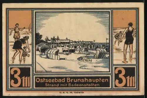 Notgeld Ostseebad Brunshaupten, 3 Mark, Darstellung von Kuh und Bienenstöcken, Strand mit Badeanstalten