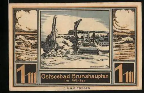 Notgeld Ostseebad Brunshaupten, 1 Mark, Winterlandschaft und Kuh und Bienenstöcken