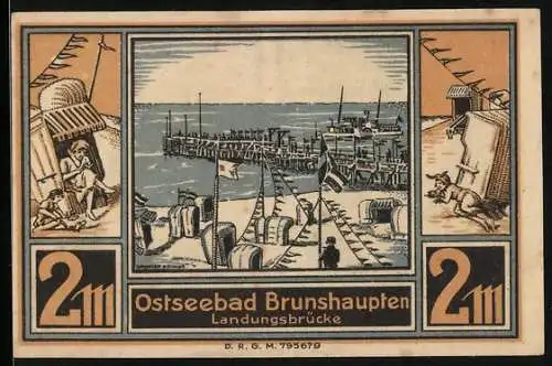 Notgeld Ostseebad Brunshaupten, 2 Mark, Landungsbrücke und Kuh mit Bienenstöcken