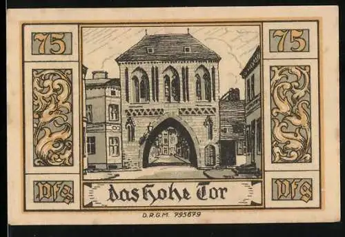 Notgeld Belgard, 75 Pfennig, Das Hohe Tor mit Wappen und Adler, Konto C 020706