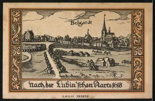 Notgeld Belgard, 50 Pf, Stadtwappen und Stadtansicht nach der Lubin’schen Karte 1618