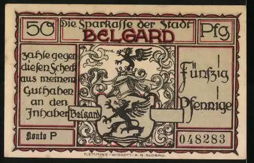 Notgeld Belgard, 50 Pfennig, Totenkopfreiter und Wappen der Stadt Belgard