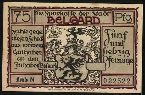 Notgeld Belgard, 75 Pfennig, Totenkopfreiter vor dem Leib-Husaren in Danzig, 1914-1918