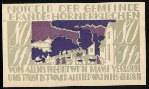 Notgeld Brande-Hörnerkirchen, 1922, 80 Pfennig, lila und beige Design mit Häusern und Text auf Vorderseite