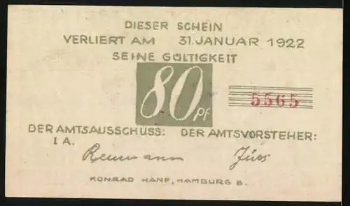 Notgeld Brande-Hörnerkirchen, 1922, 80 Pfennig, lila und beige Design mit Häusern und Text auf Vorderseite