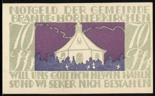 Notgeld Brande-Hörnerkirchen 1922, 70 Pf, Kirche mit Friedhof und Gültigkeit bis 31. Januar 1922