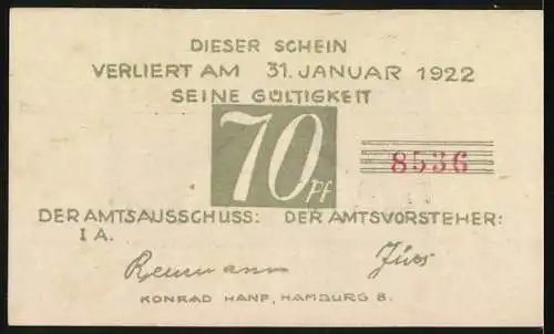 Notgeld Brande-Hörnerkirchen 1922, 70 Pf, Kirche mit Friedhof und Gültigkeit bis 31. Januar 1922