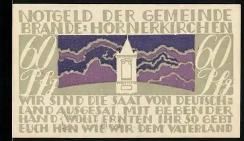 Notgeld Brande-Hörnerkirchen, 1922, 60 Pf, mit Spruch und Turm, verliert Gültigkeit am 31. Januar 1922