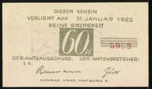 Notgeld Brande-Hörnerkirchen, 1922, 60 Pf, mit Spruch und Turm, verliert Gültigkeit am 31. Januar 1922