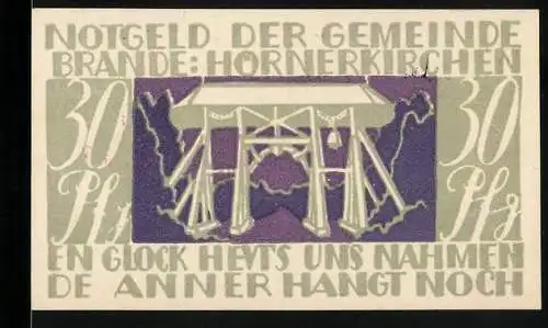 Notgeld Brande-Hörnerkirchen 1922, 30 Pfennig, Glockenturm mit Schrift und Signaturen