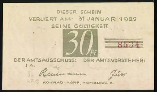 Notgeld Brande-Hörnerkirchen 1922, 30 Pfennig, Glockenturm mit Schrift und Signaturen