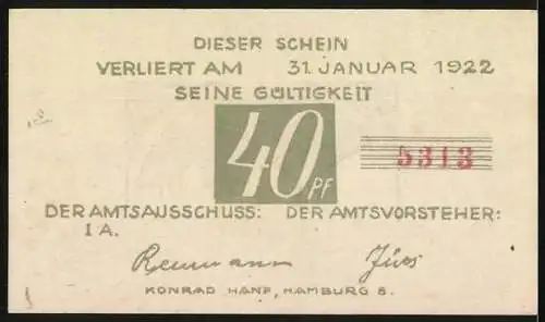 Notgeld Brande-Hörnerkirchen, 1922, 40 Pf, Marktplatz-Motiv, Gültigkeit bis 31. Januar 1922, Seriennummer 5313