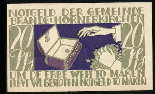 Notgeld Brande-Hörnerkirchen 1922, 20 Pf, leere Kasse und Hände voller Münzen, Ablaufdatum 31. Januar 1922