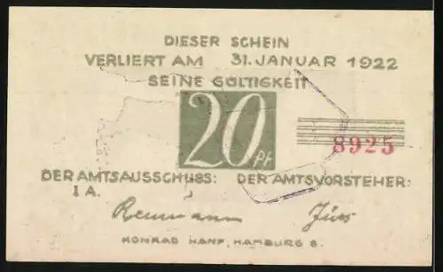 Notgeld Brande-Hörnerkirchen 1922, 20 Pf, leere Kasse und Hände voller Münzen, Ablaufdatum 31. Januar 1922