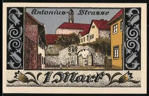 Notgeld Brakel 1921, 1 Mark, Antoniusstrasse mit historischem Stadttor und Gebäuden