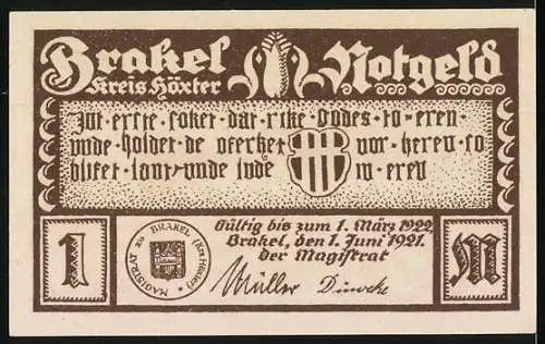 Notgeld Brakel 1921, 1 Mark, Antoniusstrasse mit historischem Stadttor und Gebäuden