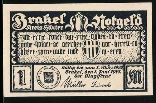 Notgeld Brakel 1921, 1 Mark, Antoniusstrasse mit Stadtmauer und Häusern