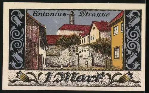 Notgeld Brakel 1921, 1 Mark, Antoniusstrasse mit Stadtmauer und Häusern