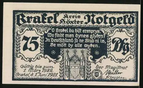 Notgeld Brakel 1921, 75 Pfennig, Alter Brakele Weihnachtswunsch mit Gebäudeansichten und lateinischen Sprüchen