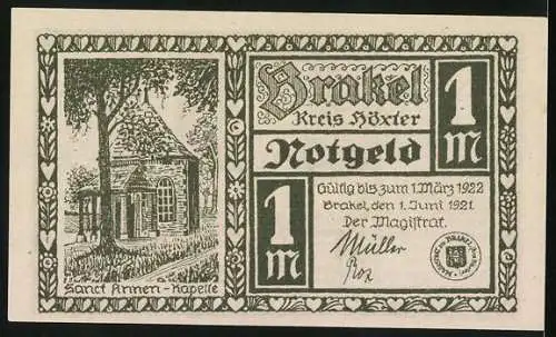 Notgeld Brakel 1921, 1 Mark, Sanct Annen-Kapelle und Dat Mäken von Brakel