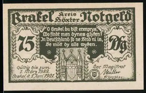 Notgeld Brakel 1921, 75 Pf, Motiv: Gebäude und Inschrift Alter Brakeler Weihnachtswunsch