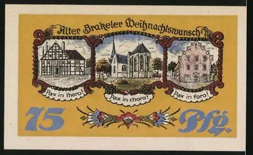 Notgeld Brakel 1921, 75 Pf, Motiv: Gebäude und Inschrift Alter Brakeler Weihnachtswunsch