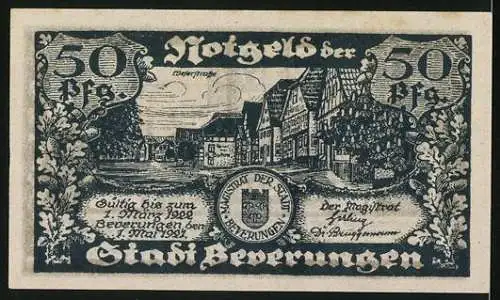 Notgeld Beverungen 1920, 50 Pfennig, Aus der guten alten Zeit, Häuseransicht und Kartenspielszene