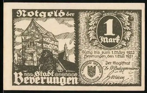 Notgeld Beverungen 1921, 1 Mark, Vorderseite Gebäude mit Emblem und Rückseite Szene mit Händler und Gedicht