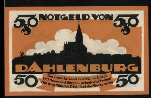 Notgeld Dahlenburg, 1920, 50 Pfennig, Silhouette der Kirche und Aufruf zur Arbeit