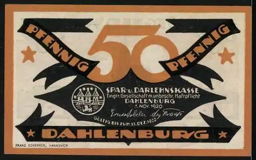 Notgeld Dahlenburg, 1920, 50 Pfennig, Silhouette der Kirche und Aufruf zur Arbeit