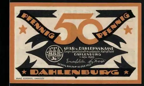 Notgeld Dahlenburg 1920, 50 Pfennig, Spar- und Darlehenskasse, Gültig bis 31. Dez. 1921, Kirche und Spruch