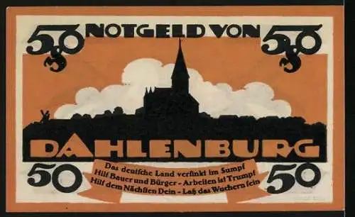 Notgeld Dahlenburg 1920, 50 Pfennig, Spar- und Darlehenskasse, Gültig bis 31. Dez. 1921, Kirche und Spruch