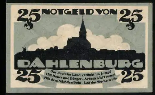 Notgeld Dahlenburg, 1920, 25 Pfennig, Stadtsilhouette und Spar- und Darlehenskasse