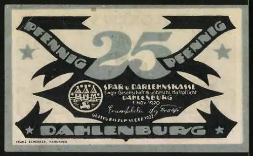 Notgeld Dahlenburg, 1920, 25 Pfennig, Stadtsilhouette und Spar- und Darlehenskasse