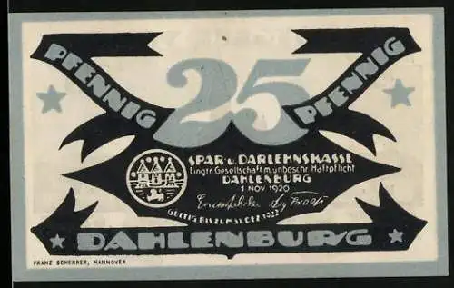 Notgeld Dahlenburg, 1920, 25 Pfennig, Spar- und Darlehenskasse Dahlenburg, Kirche und Spruch