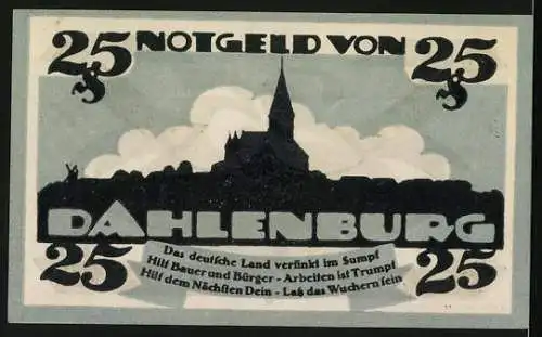 Notgeld Dahlenburg, 1920, 25 Pfennig, Spar- und Darlehenskasse Dahlenburg, Kirche und Spruch