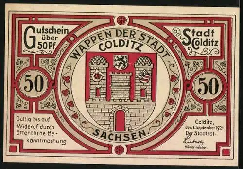 Notgeld Colditz, 1921, 50 Pfennig, Schweden im Land und Stadtwappen von Colditz