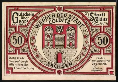 Notgeld Colditz, 1921, 50 Pfennig, Rathaus und Wappen der Stadt, Sachsen