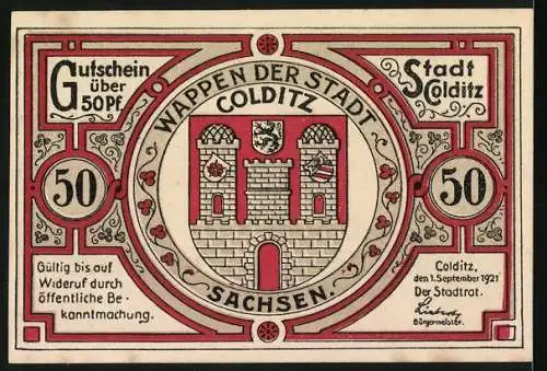 Notgeld Colditz 1921, 50 Pfennig, Wappen der Stadt und historische Szene von 1430