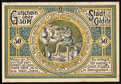 Notgeld Colditz 1921, 50 Pfennig, Gutschein über 50 Pfennig, Stadt Colditz, Steingut-Töpferei