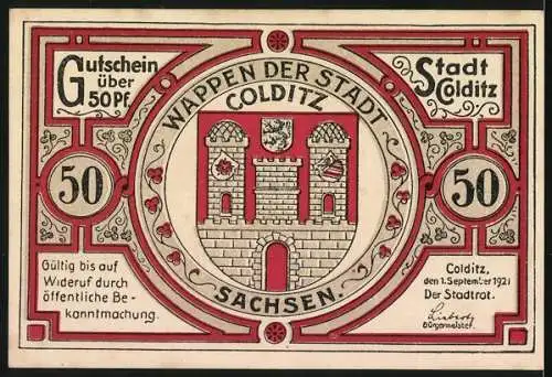 Notgeld Colditz 1921, 50 Pfennig, Gutschein über 50 Pfennig, Stadt Colditz, Steingut-Töpferei